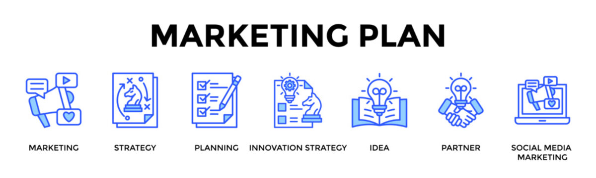 Marketing Plan  Banner Web  Icon Set Collection Pack Vector Illustration Concept Containing Marketing, Strategy, Planning, Innovation Strategy, Idea, Partner, Social Media Marketing