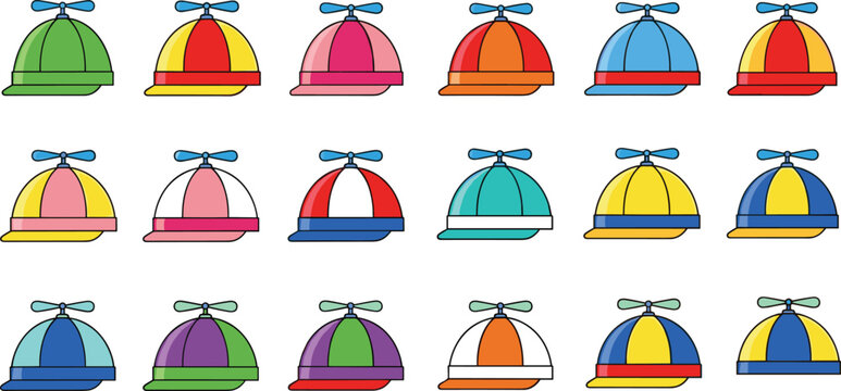 Colorful Propeller Beanie Hats Set in Flat Style, Collection of Kids Caps with Helicopter Propeller Vector Illustration