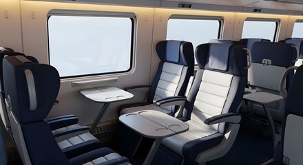 Fototapeta premium Interior of a modern train carriage with rows of comfortable seats and windows showing a blurred view outside.