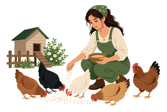 Woman Feeding Domestic Chickens.