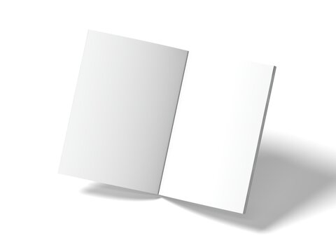 Perspective view mockup of an open blank magazine floating with shadows on white background