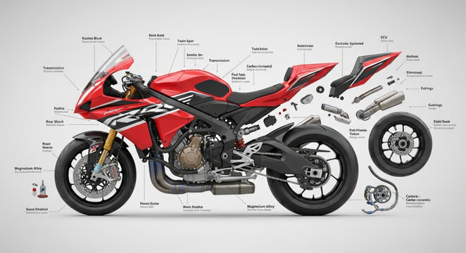 Red sport motorcycle with exploded view and labels.