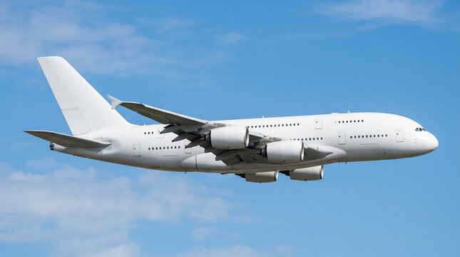 Large white airplane flying in sky.