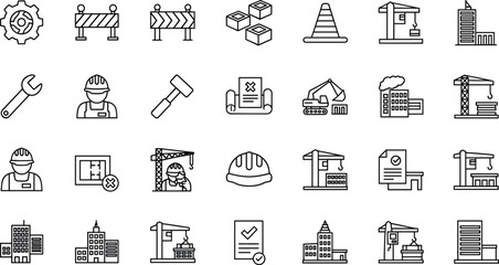 Fototapeta premium Construction and Engineering Line Icons Set, Collection of Building, Tools, Workers and Infrastructure Symbols Vector Illustration
