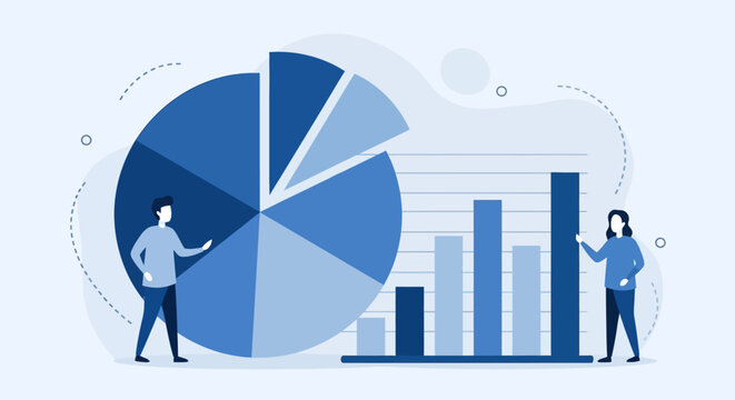 Business analysis concept with pie chart and bar graph presentation by two professionals in office setting