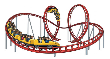 Yellow roller coaster train with passengers on a thrilling ride. © Shella