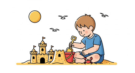 Young boy building a sandcastle on the beach with a bucket and spade. © Shella