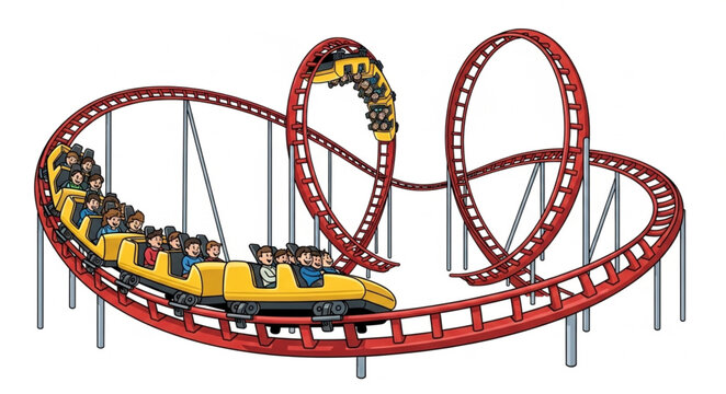 Yellow roller coaster train with passengers on a thrilling ride.