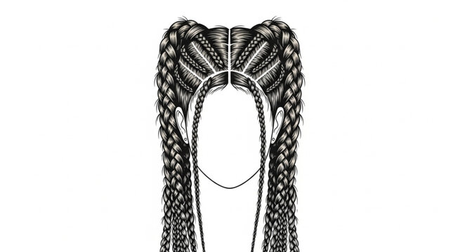Womans long braided hairstyle with white streaks.