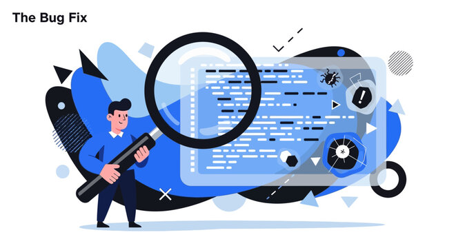 Man fixing bug in code on computer screen with magnifying glass software development concept