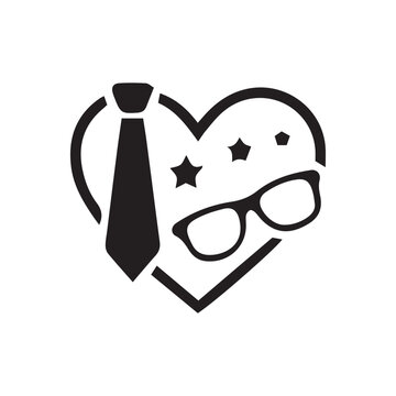 Father's Day vector icon with heart, necktie, and glasses. Minimalist black and white logo for dad love and appreciation.