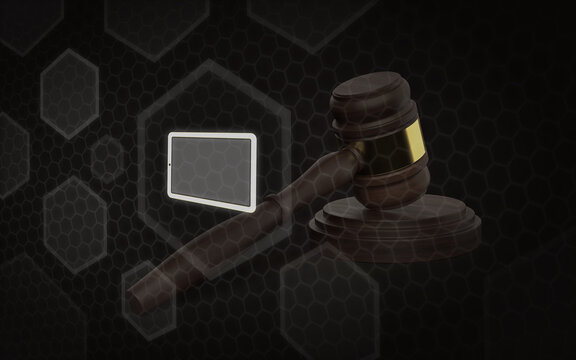 Digital Law and Justice Concept with a Wooden Gavel and a Tablet Computer on a Dark Background with Honeycomb Network Patterns Representing Online Legal Regulations