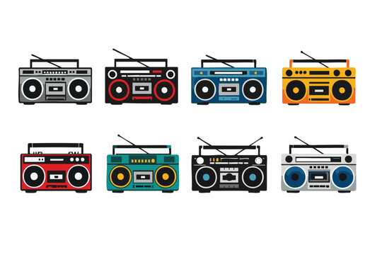 Set of retro boombox radio cassette player illustrations in flat style