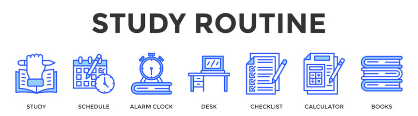 Study Routine  Banner Web  Icon Set Collection Pack Vector Illustration Concept Containing Study, Schedule, Alarm Clock, Desk, Checklist, Calculator, Books © Kholifah rokhman