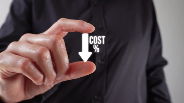 Close-up of a woman's hands holding an animated downward-pointing arrow between two fingers next to "% cost". Ideal for promotions, discounts, or budget presentations.