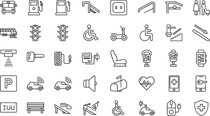 Fototapeta premium Transportation and Accessibility Line Icons Set, Collection of Public Transport, Parking, Electric Vehicles and Disabled Access Symbols Vector Illustration