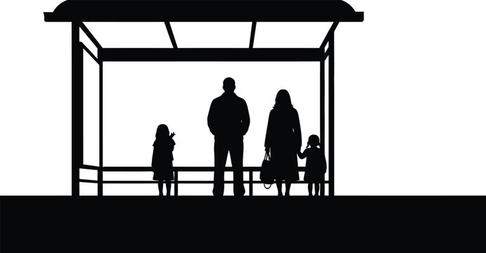 Family Waiting at Bus Stop Silhouette