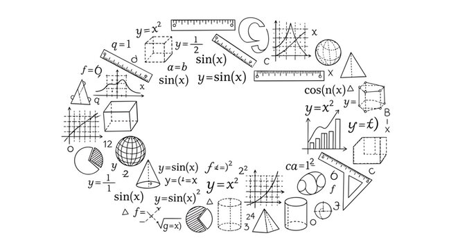 Math symbols, geometric shapes, and formulas, educational icons, mathematics illustrations, circular pattern