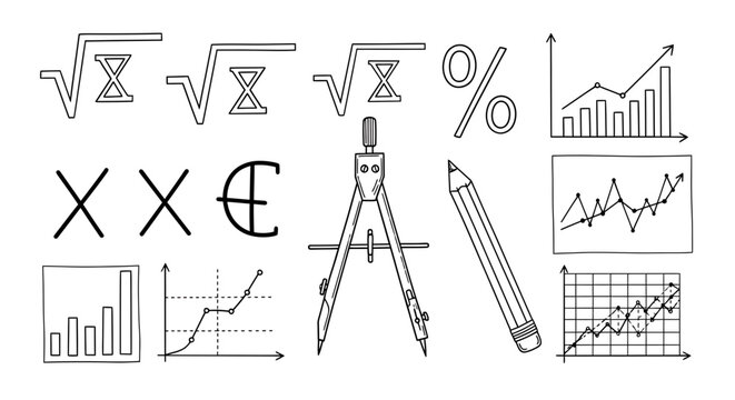 Mathematical, business, and finance icons, vector set of 16 graphics, including calculator, graph, and chart symbols