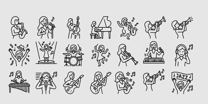 icon set collection of various female performers playing guitar, drums, vibraphone, and saxophone, alongside dancers and enthusiastic music fans