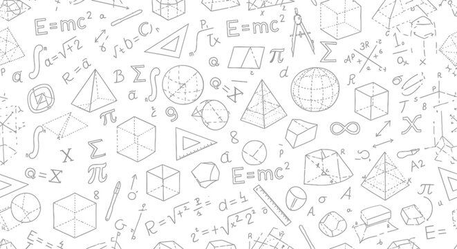 Mathematics, physics, seamless pattern, educational icons, science symbols, equations, geometric shapes