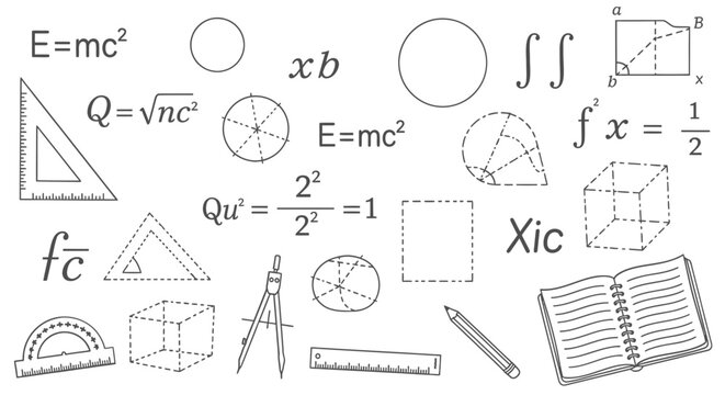 Mathematics, geometry, physics formulas and shapes, educational icons, vector illustrations