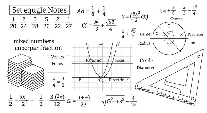Math, geometry, algebra notes, educational illustrations, equations, formulas, vector set