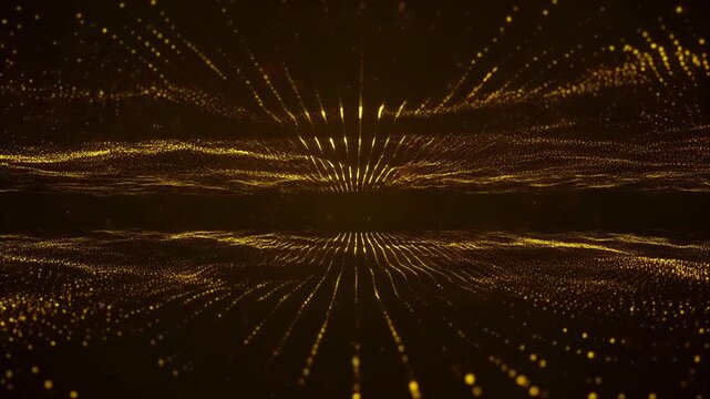 Radiant golden particles bursting on dark abstract background with copy space
