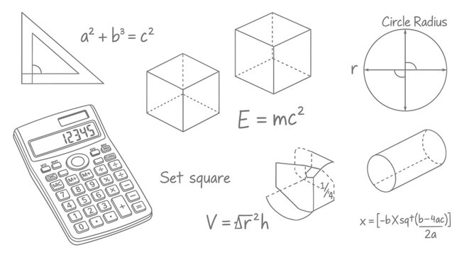 Mathematics, geometry, physics formulas and shapes, educational icons, vector illustrations
