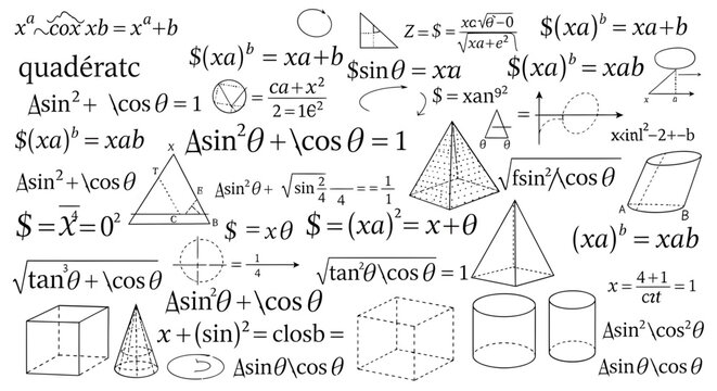 Mathematical formulas, geometric shapes, equations, and diagrams, educational resources, mathematics illustrations, vector graphics