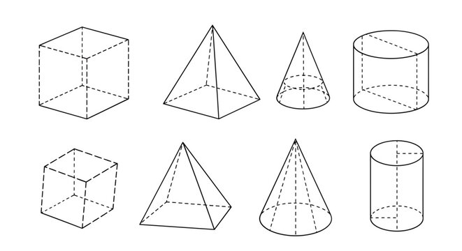 Geometric shapes, 3D icons, wireframe models, basic solids, mathematical forms