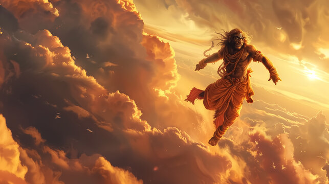 Epic digital artwork of Hanuman flying through dramatic golden clouds at sunset. The powerful monkey deity from Hindu mythology appears in motion across the sky