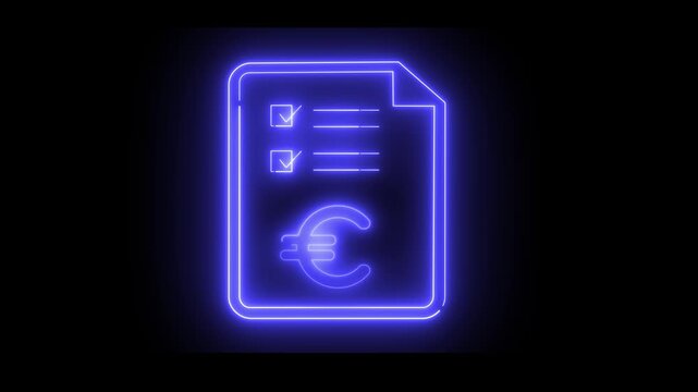 Neon light effect animation of a document icon. The euro symbol glows beneath the checklist lines. Ideal for budgeting, payments, or expense tracking.