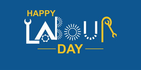 Happy Labour Day text with tools and gears typography © md