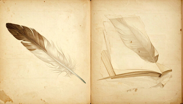 Watercolor feather illustrations on aged paper textures for artistic designs