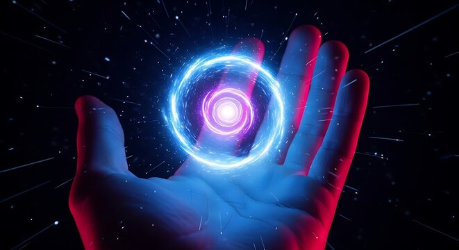 Luminous energy vortex swirling with blue light rests above a human hand in a dark galactic void. Sharp focus with vibrant rim lighting. Ideal for futuristic technology and entertainment advertising.