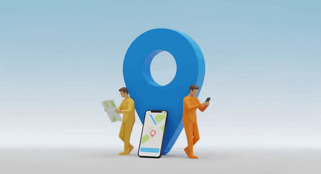 Tiny figures with map and phone interact with giant blue location pin and smartphone displaying navigation app