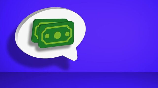 Animated icons of greenbacks appear inside a speech bubble. The simple design focuses on financial messages. Ideal for advertising, promotions, or payment icons.