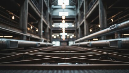 Naklejka premium Industrial warehouse interior background with metal grate walkway, steel beams, ventilation ducts, and hanging lights