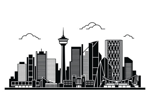 Calgary City Skyline Vector Illustration, Black and White Canada Landmark Icon, Minimalist Calgary Alberta Urban Landscape Silhouette