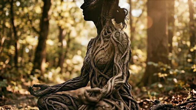 A captivating image of a woman, seamlessly intertwined with nature, finding inner peace in the heart of a lush forest. It's a symbolic representation of harmony and connectedness.