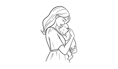 Fototapeta premium Handdrawn line art style mom and baby illustration art.