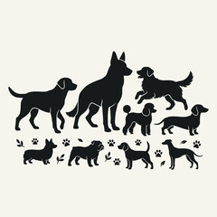 Fototapeta premium Silhouettes of various dog breeds including a German Shepherd, Labrador, Golden Retriever, Poodle, Dachshund, Corgi, Bulldog, and Greyhound with paw prints.