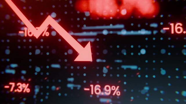 Red downward arrow symbolizing economic decline, ideal for financial reports, presentations, articles, and social media posts on negative trends.