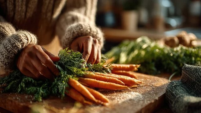 Preparing Fresh Carrots: A close-up view captures a person preparing fresh carrots on a wooden board. The scene emanates a sense of warmth.