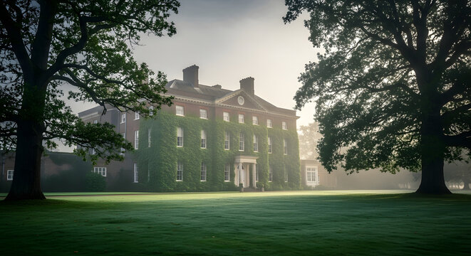 Ivy covered manor house on misty morning in English countryside