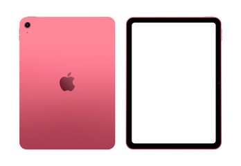Obraz premium Photorealistic detailed Apple iPad A16 11 inches 2025 Pink mockup. Real dimentions. Front and rear view isolated on transparent background. Vector editorial PNG