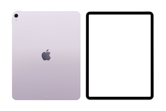 Photorealistic detailed Apple iPad Air M4 13 inches 2026 Purple mockup. Real dimentions. Front and rear view isolated on transparent background. Vector editorial PNG