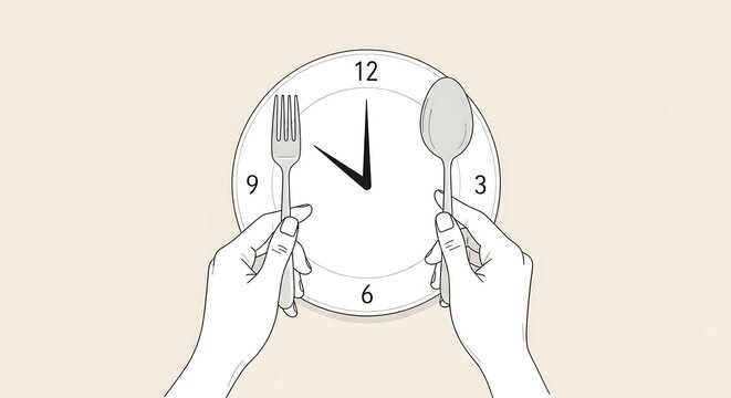 Hands holding fork and spoon on clock face illustration