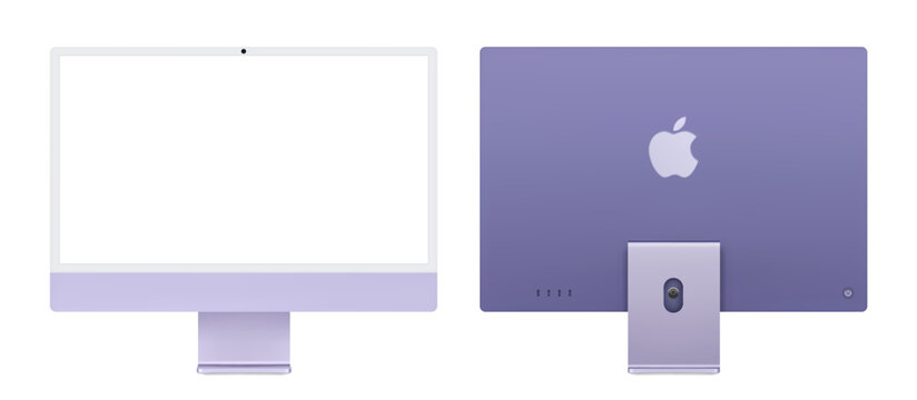Photorealistic detailed Apple iMac M4 Purple 24 inches mockup. Real dimentions. Front and back view isolated on transparent background. Vector editorial PNG